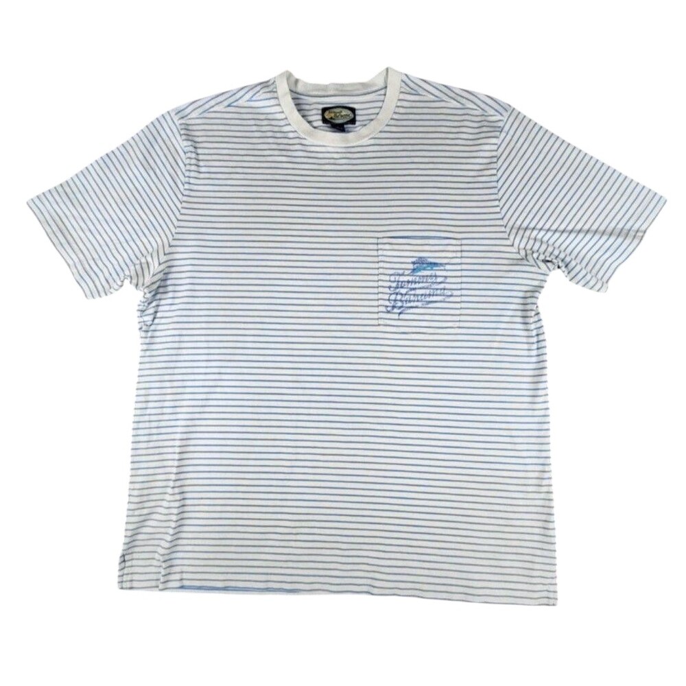Vntg Tommy Bahama Shirt Large White Blue Stripe Pocket Tee Relax Nautical Cotton
